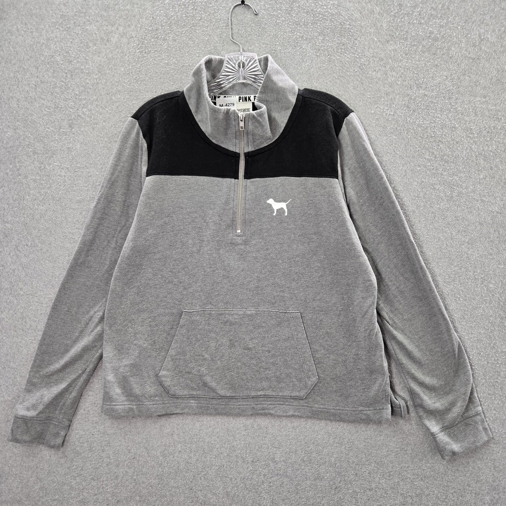 PINK Victoria's Secret Women Sweatshirt L Gray Colorblock Dog 1/4‎ Zip